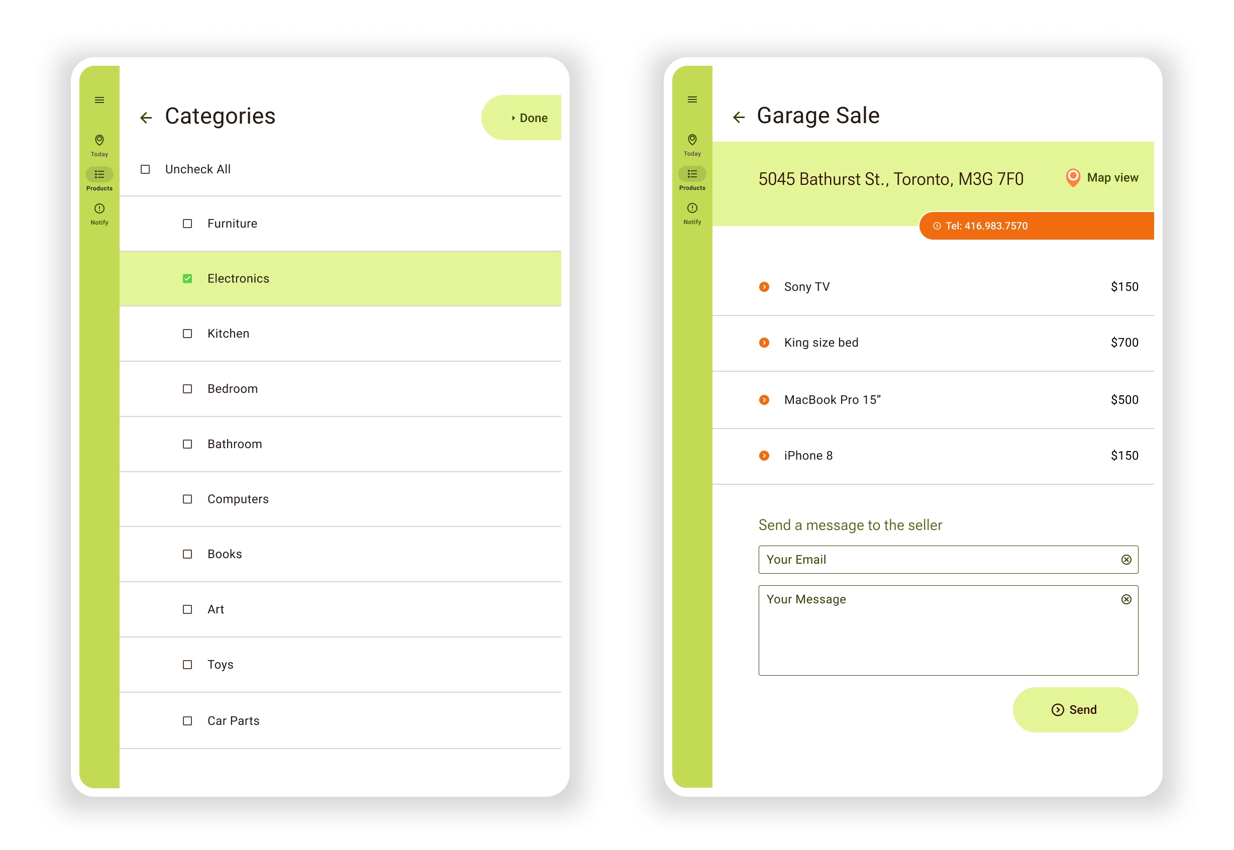 Garage Sale mobile app on a tablet